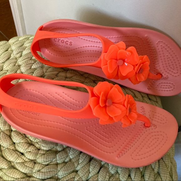 CROCS Shoes - Crocs Neon Orange Pink Floral Slip On Jelly Sandals